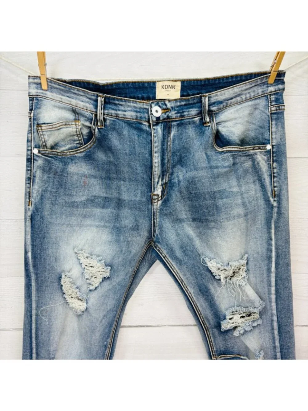 KDNK Men’s Distressed Ripped Jeans Size 40 Light Wash Slim Fit Streetwear